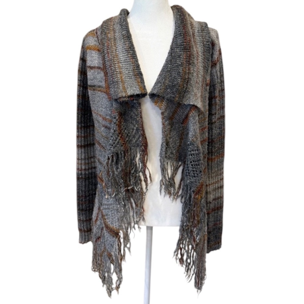 ⁠Cato Gray Striped Ramie Blend Fringe Open Front Shawl Collar Cardigan S